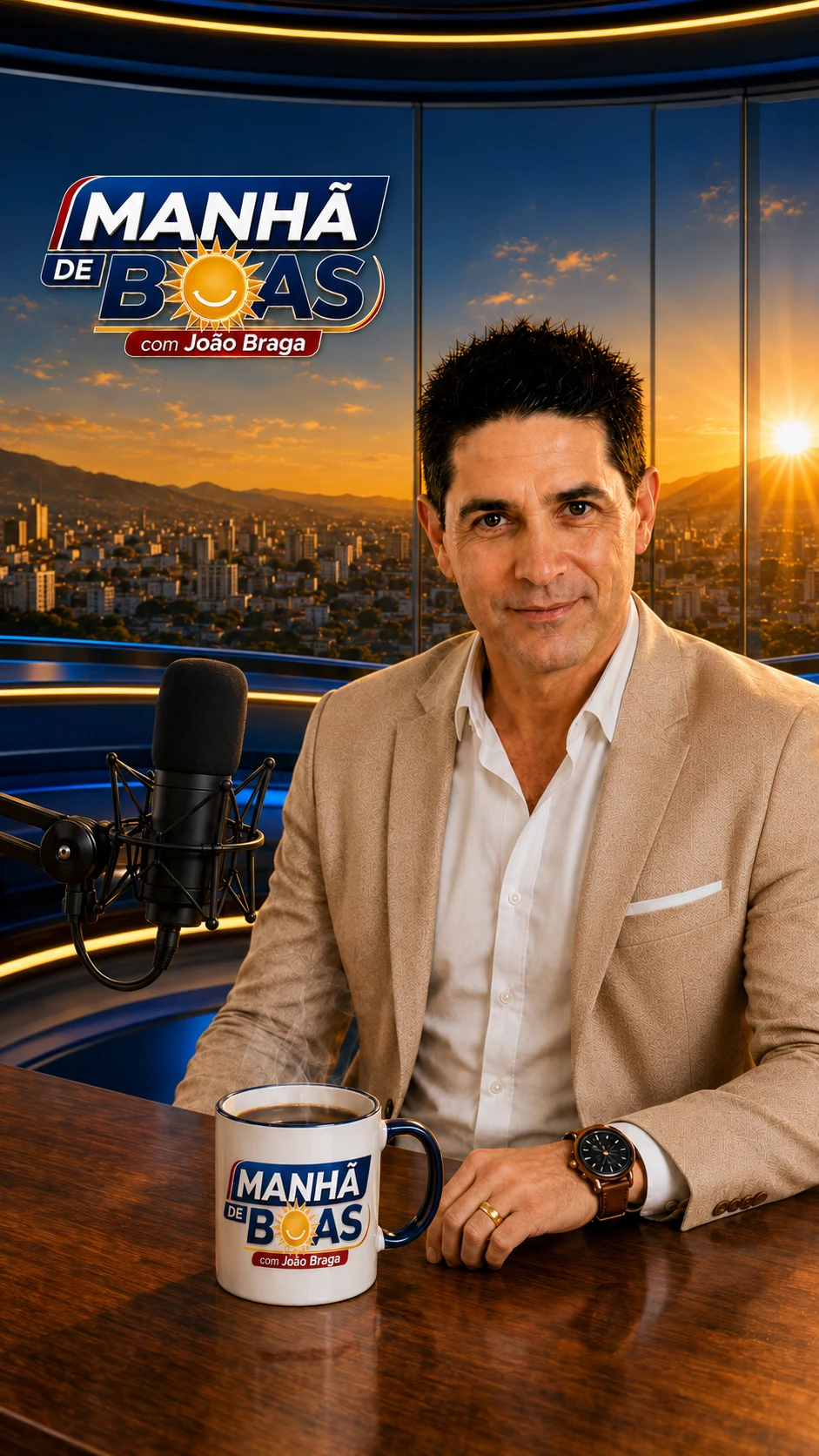 João Braga no estúdio do Manhã de Boas, com vista para a cidade ao amanhecer